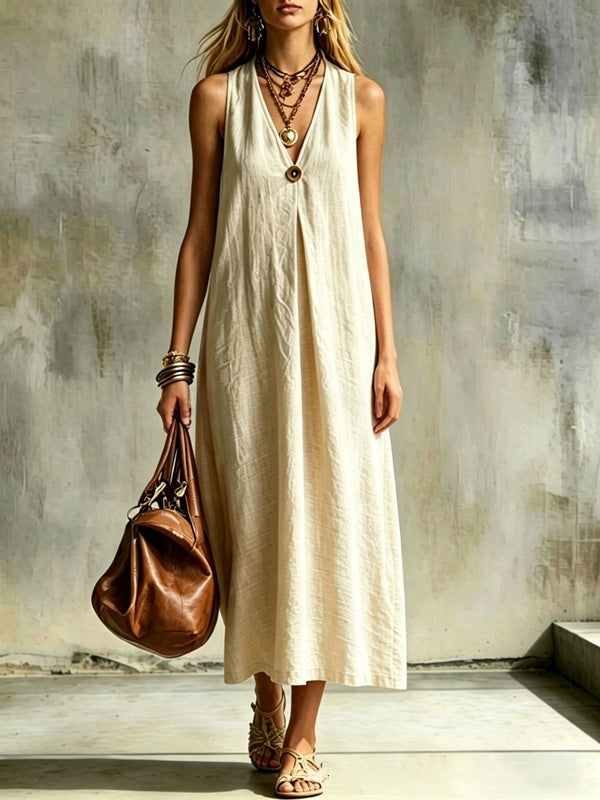 Robe lin-coton col V, ceinture, sans manches