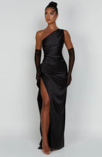 Robe fendue plissée en satin à une épaule - Édition Automne