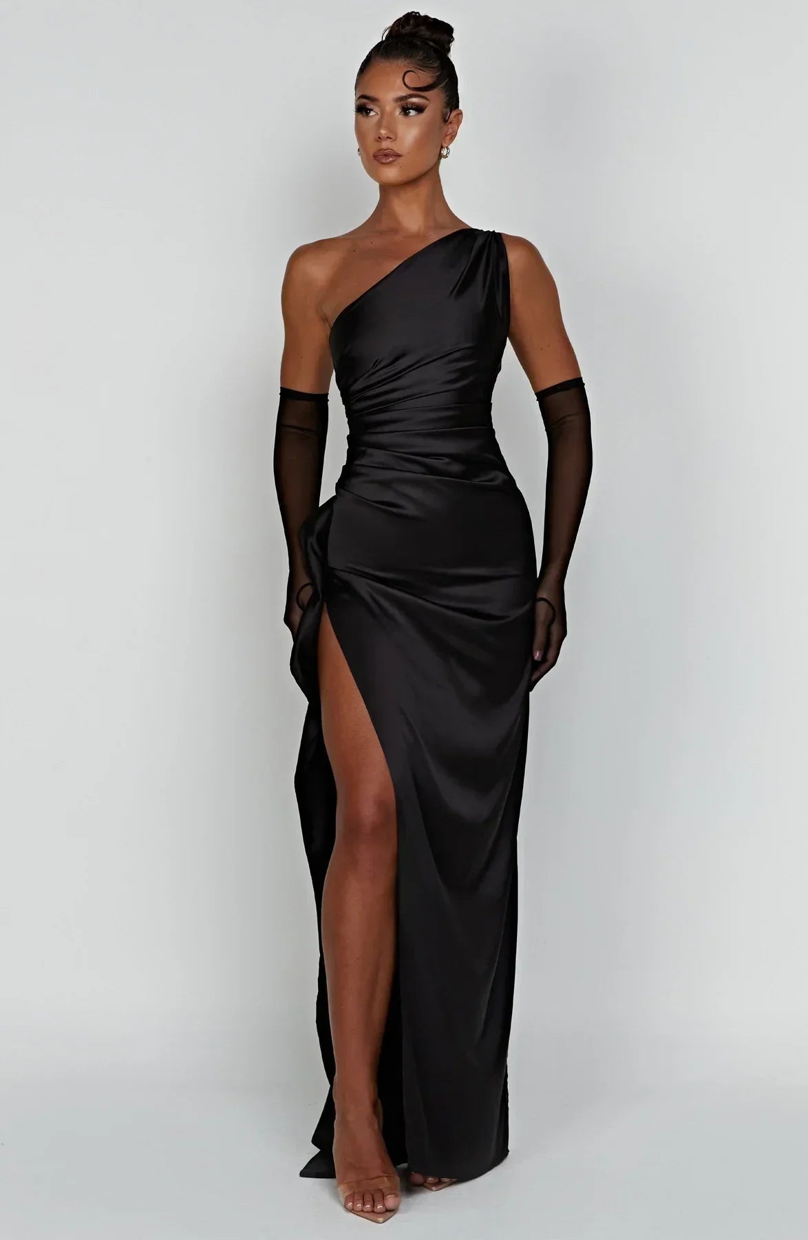 Robe fendue plissée en satin à une épaule - Édition Automne