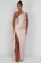 Robe fendue plissée en satin à une épaule - Édition Automne