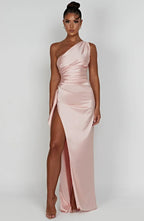 Robe fendue plissée en satin à une épaule - Édition Automne
