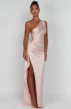Robe fendue plissée en satin à une épaule - Édition Automne