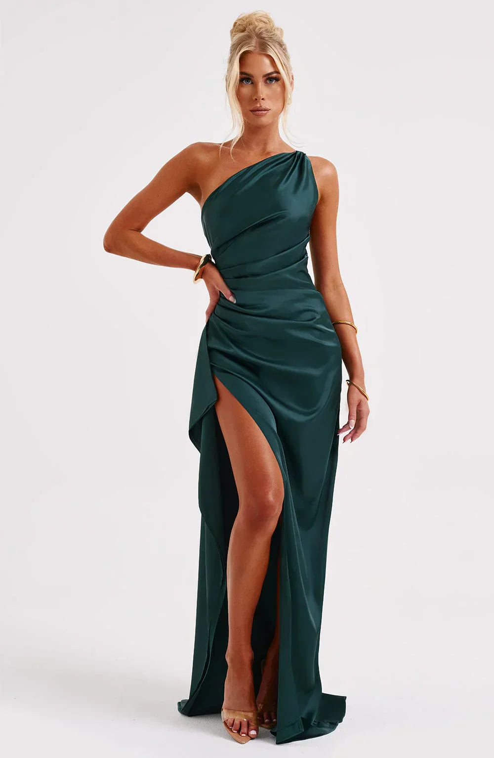Robe fendue plissée en satin à une épaule - Édition Automne