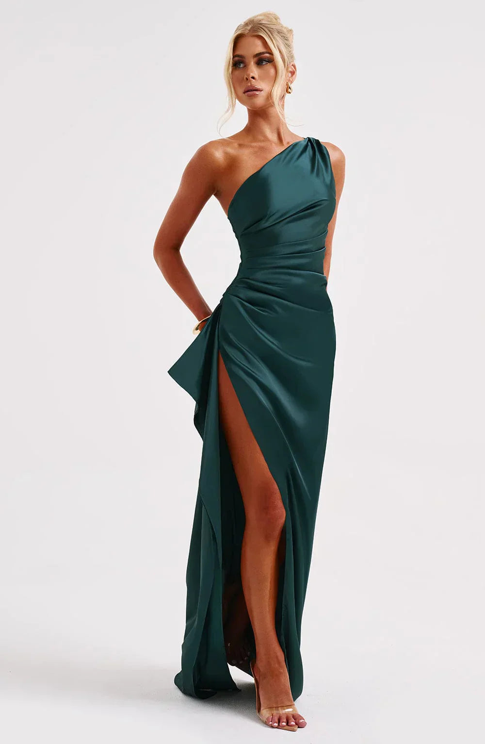 Robe fendue plissée en satin à une épaule - Édition Automne