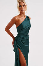 Robe fendue plissée en satin à une épaule - Édition Automne