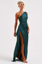 Robe fendue plissée en satin à une épaule - Édition Automne