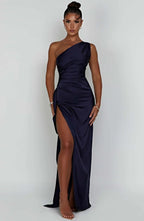 Robe fendue plissée en satin à une épaule - Édition Automne