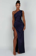 Robe fendue plissée en satin à une épaule - Édition Automne