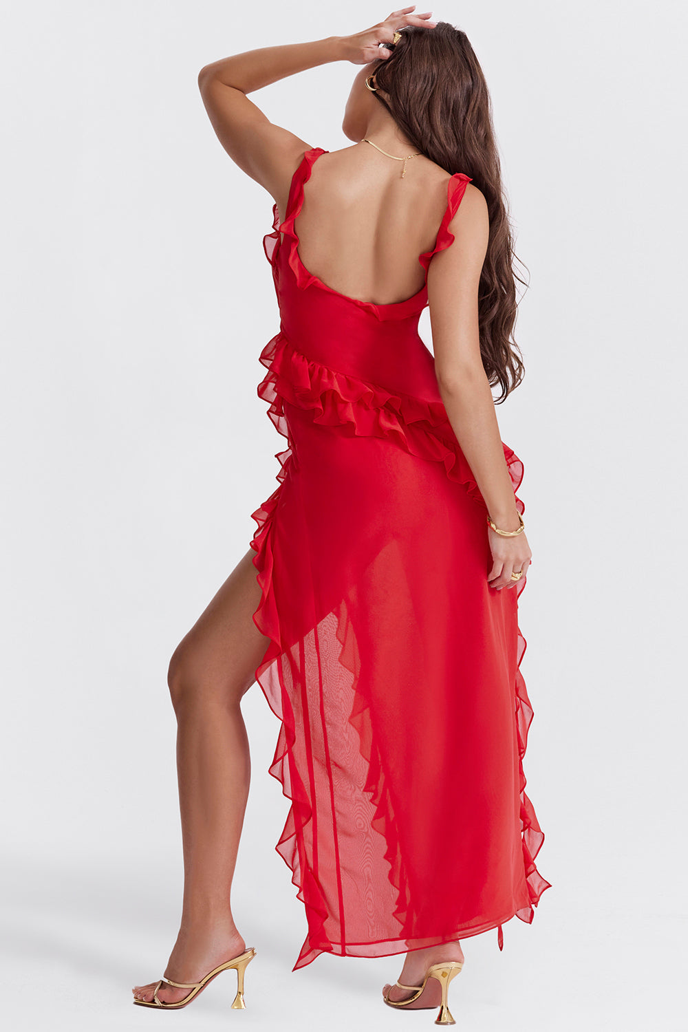 Melantha Women's Autumn Dress - Adjustable Straps - Ruffle Detail - High Slit - Elegant Fit