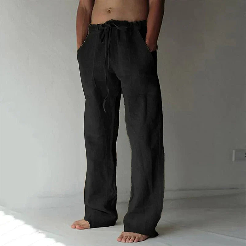 Pantalon ample noir en lin pour homme, taille élastique, poches latérales, style décontracté, idéal pour l'été et les tenues décontractées.