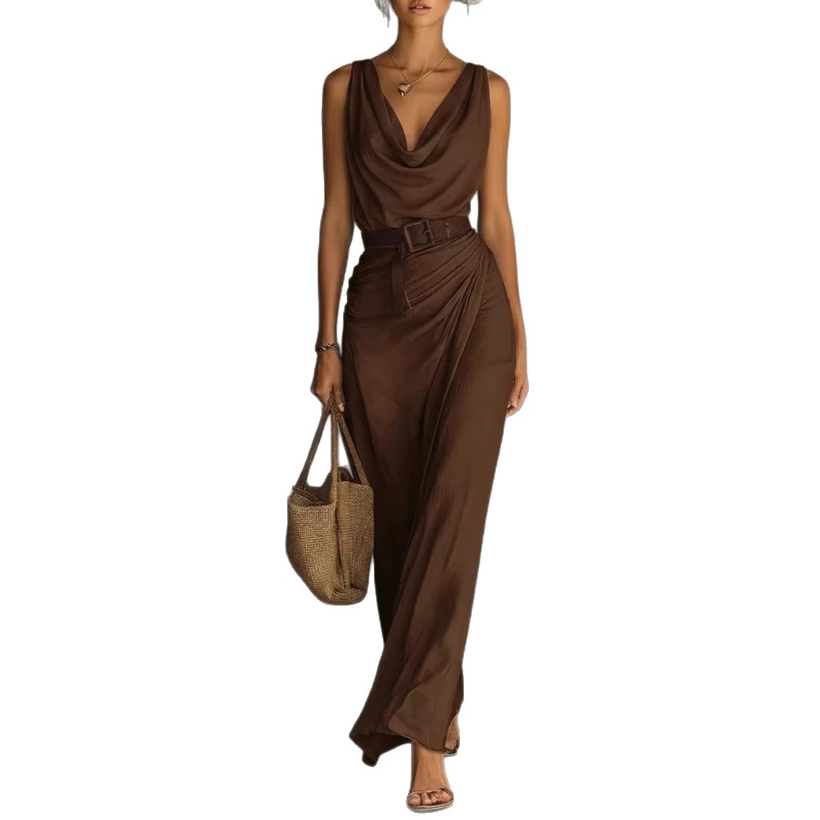Robe Asymétrique Marron Café — Allure Chic et Épurée