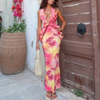 Robe longue décolleté licou dos nu à imprimé