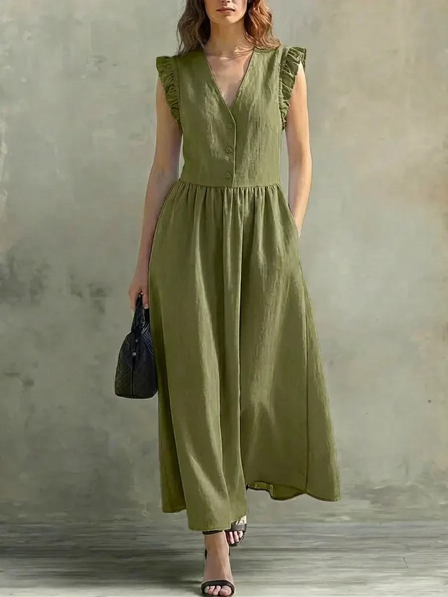 Linen and cotton wrap dress, loose fit with pockets