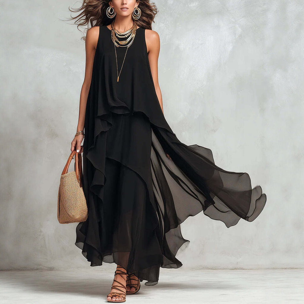 Asymmetric black sleeveless maxi dress