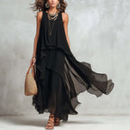 Asymmetric black sleeveless maxi dress