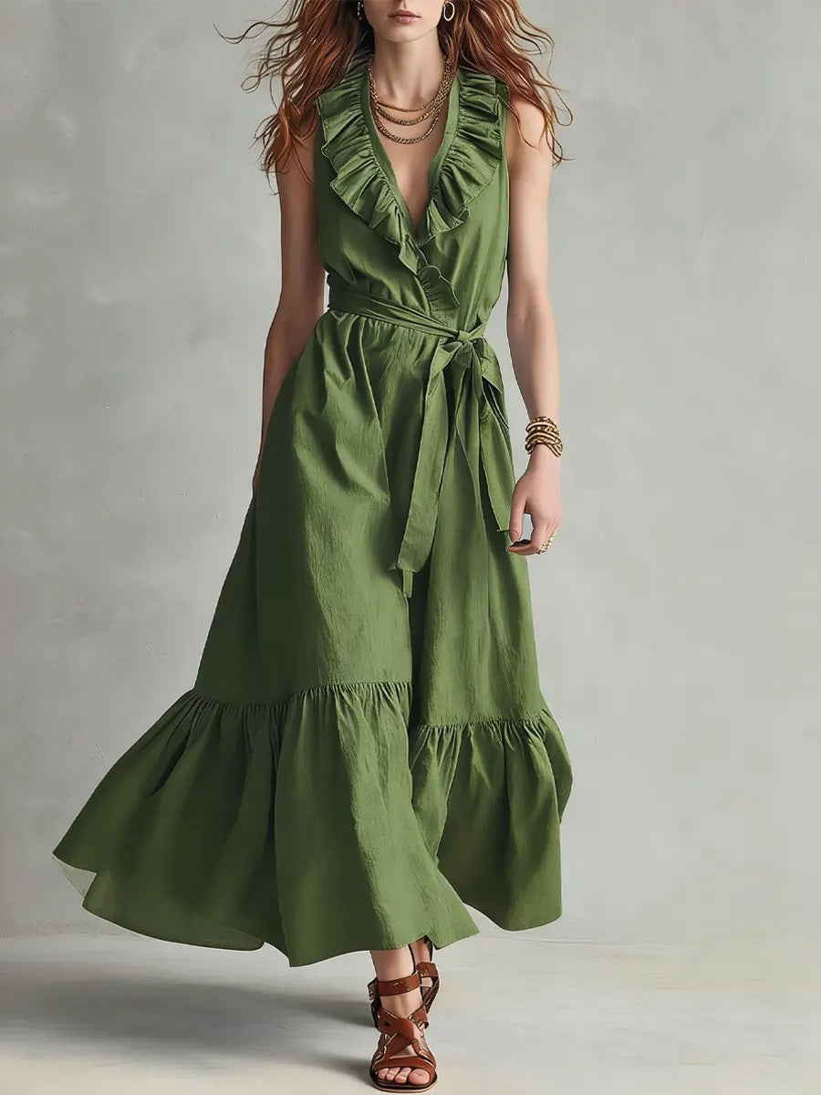 Robe patineuse col V sans manches à laçage