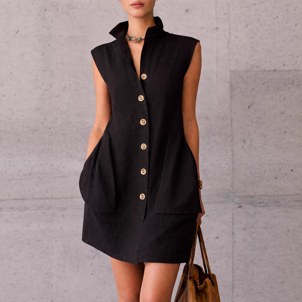 Robe chemise sans manches col montant — Élégance estivale