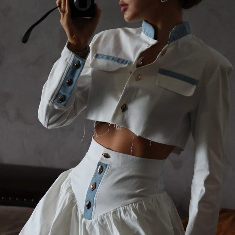 Long-sleeve shirt and mini skirt set