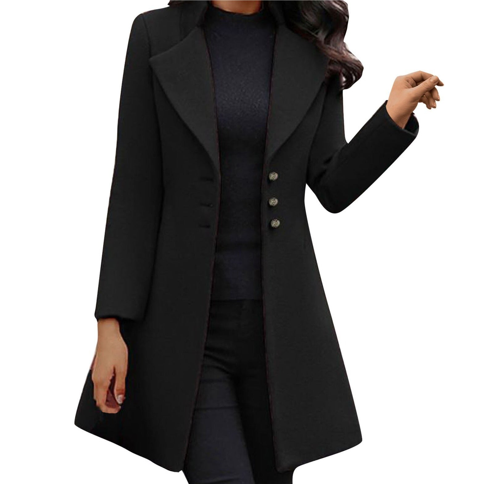 Manteau noir élégant pour femme, coupe longue, col à revers, boutons décoratifs, style chic et moderne, idéal pour l'automne et l'hiver.