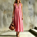Robe lin-coton col V, ceinture, sans manches