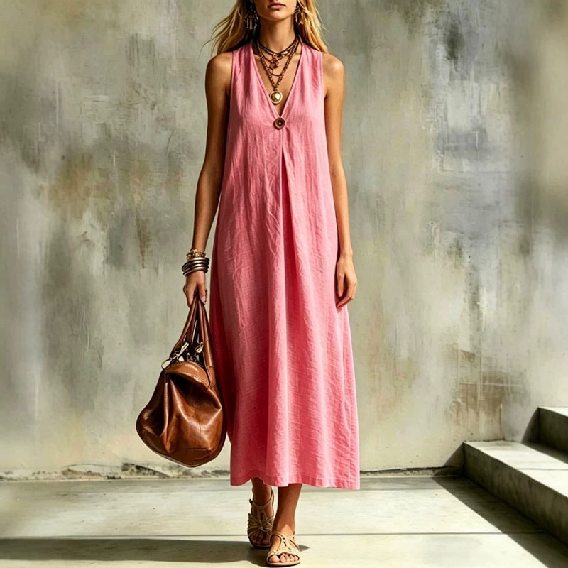 Robe lin-coton col V, ceinture, sans manches