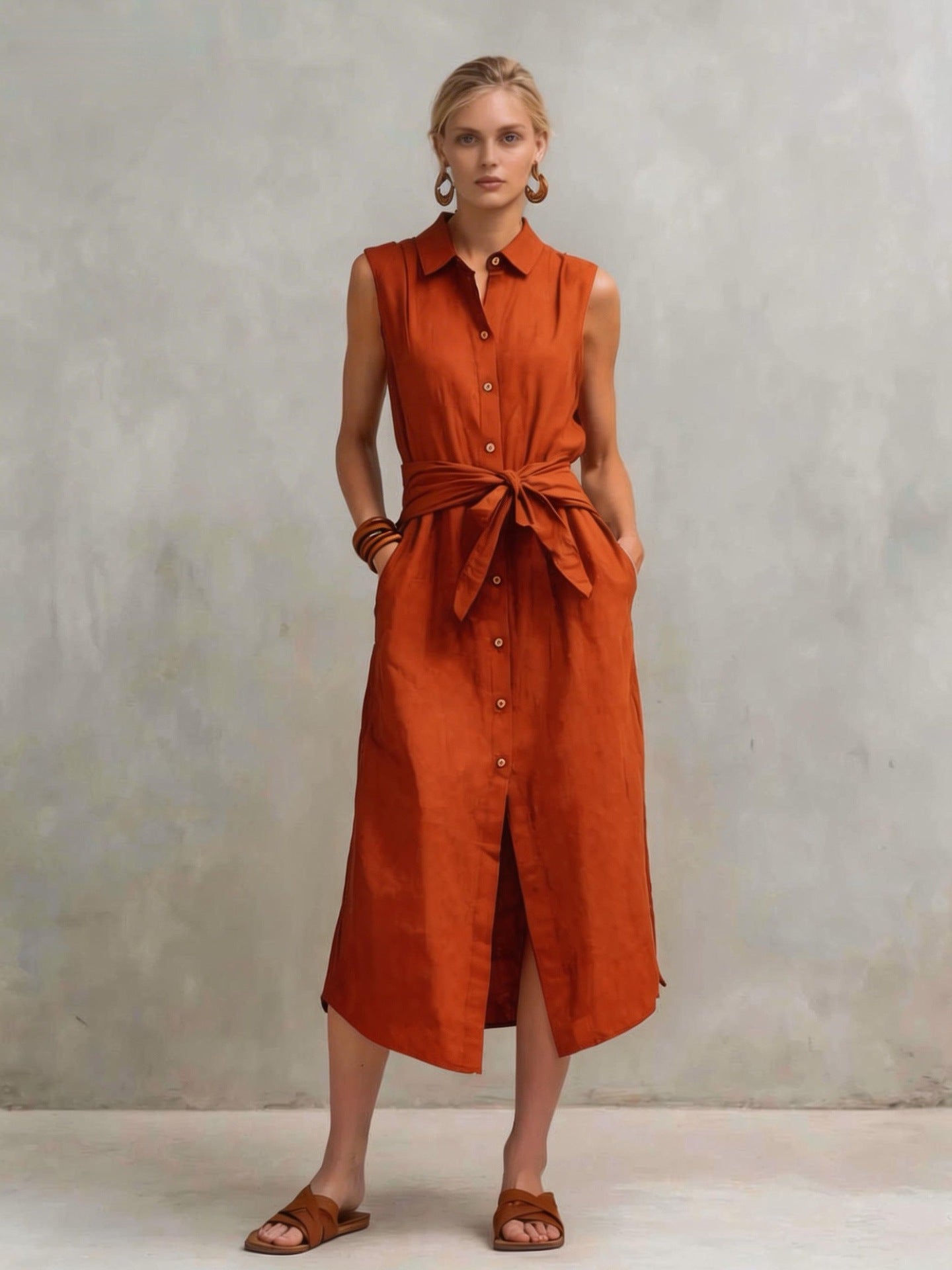 Robe droite lin-coton sans manches teinte unie