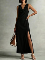 Robe fluide col drapé fendu lin polyester