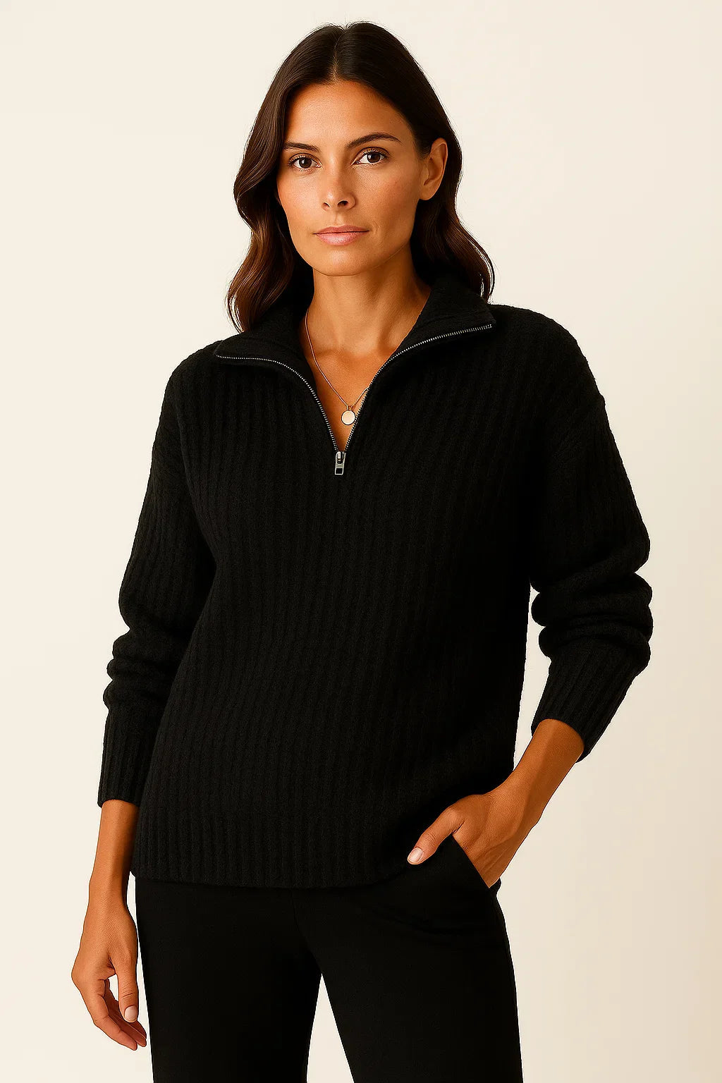 Pull en tricot côtelé avec col montant et fermeture à glissière
