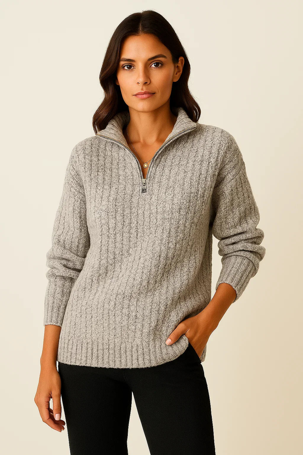 Pull en tricot côtelé avec col montant et fermeture à glissière