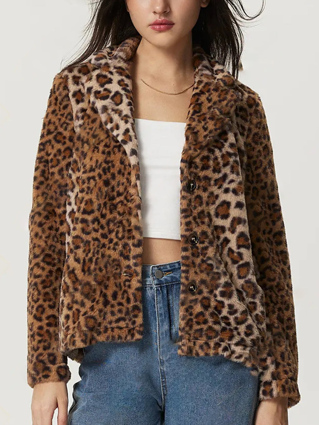 Manteau léopard épais à revers et boucles