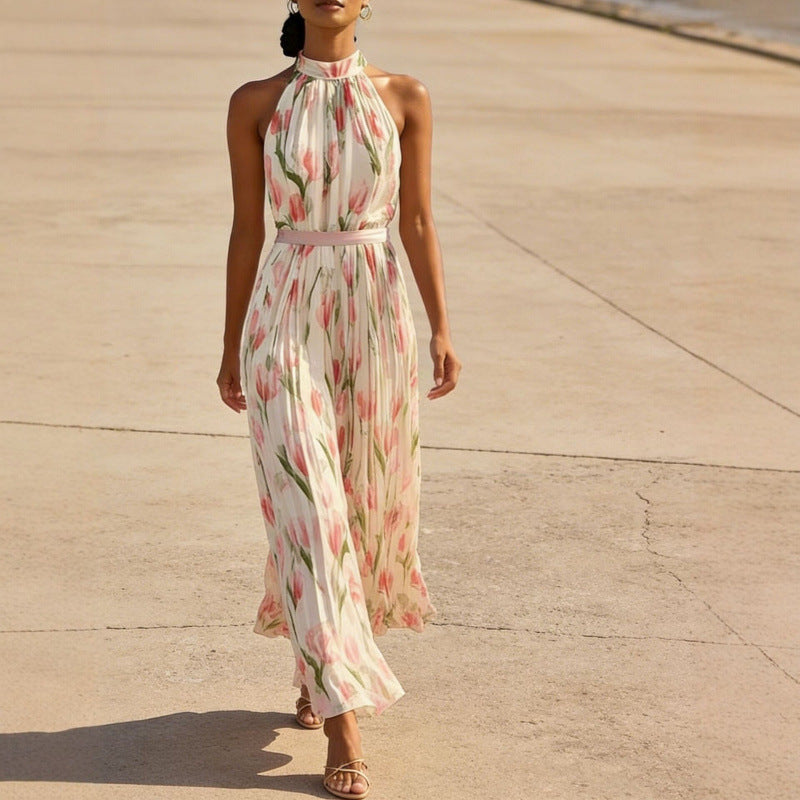 Flowy halter-neck wrap dress with floral print