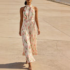 Flowy halter-neck wrap dress with floral print
