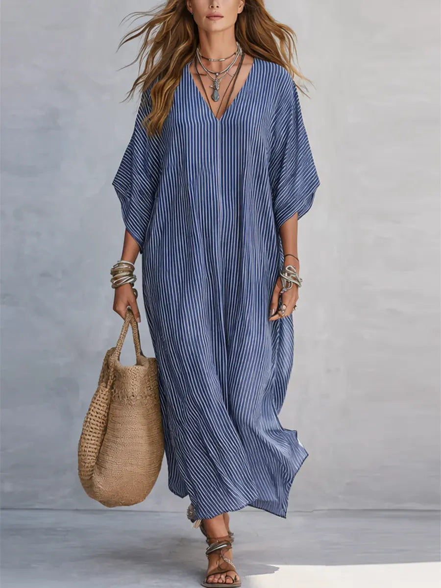 Robe longue rayée col V - Coupe ample et confortable