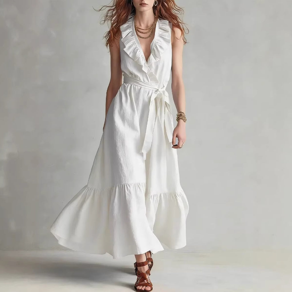 Robe patineuse col V sans manches à laçage