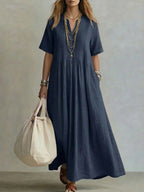 Robe lin coton longueur maxi, col V et fronces