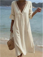 Robe lin coton col V loose fit élégante