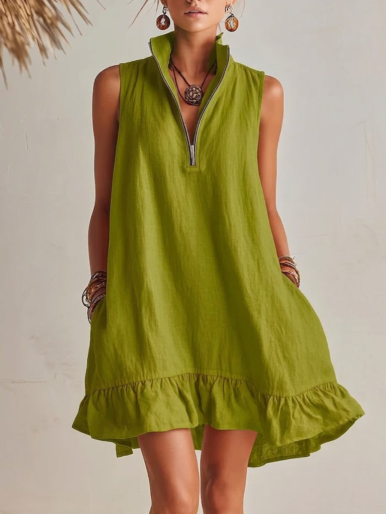 Robe trapèze sans manches à col demi-zip et volant