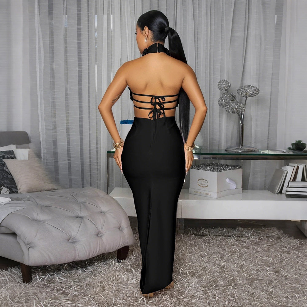Robe longue de soirée licou dos nu déco fleurs sexy