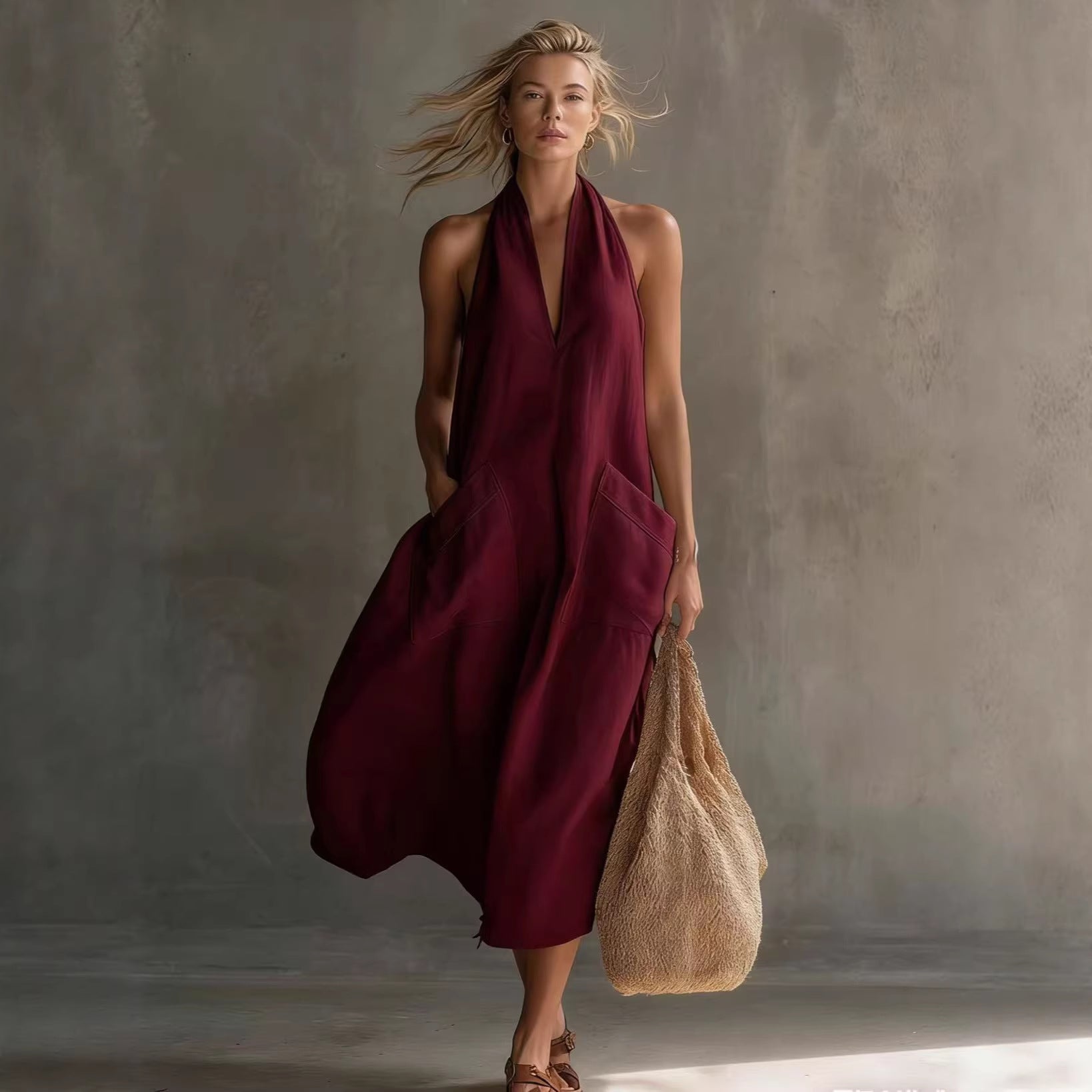 Robe lin col V sans manches — Coupe décontractée
