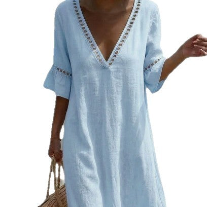 Robe lin coton col V loose fit élégante