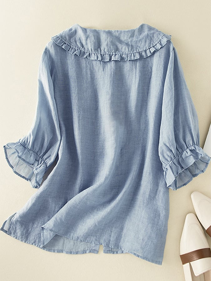 Chemise femme en coton et lin avec col Peter Pan froncé, idéale pour l'automne