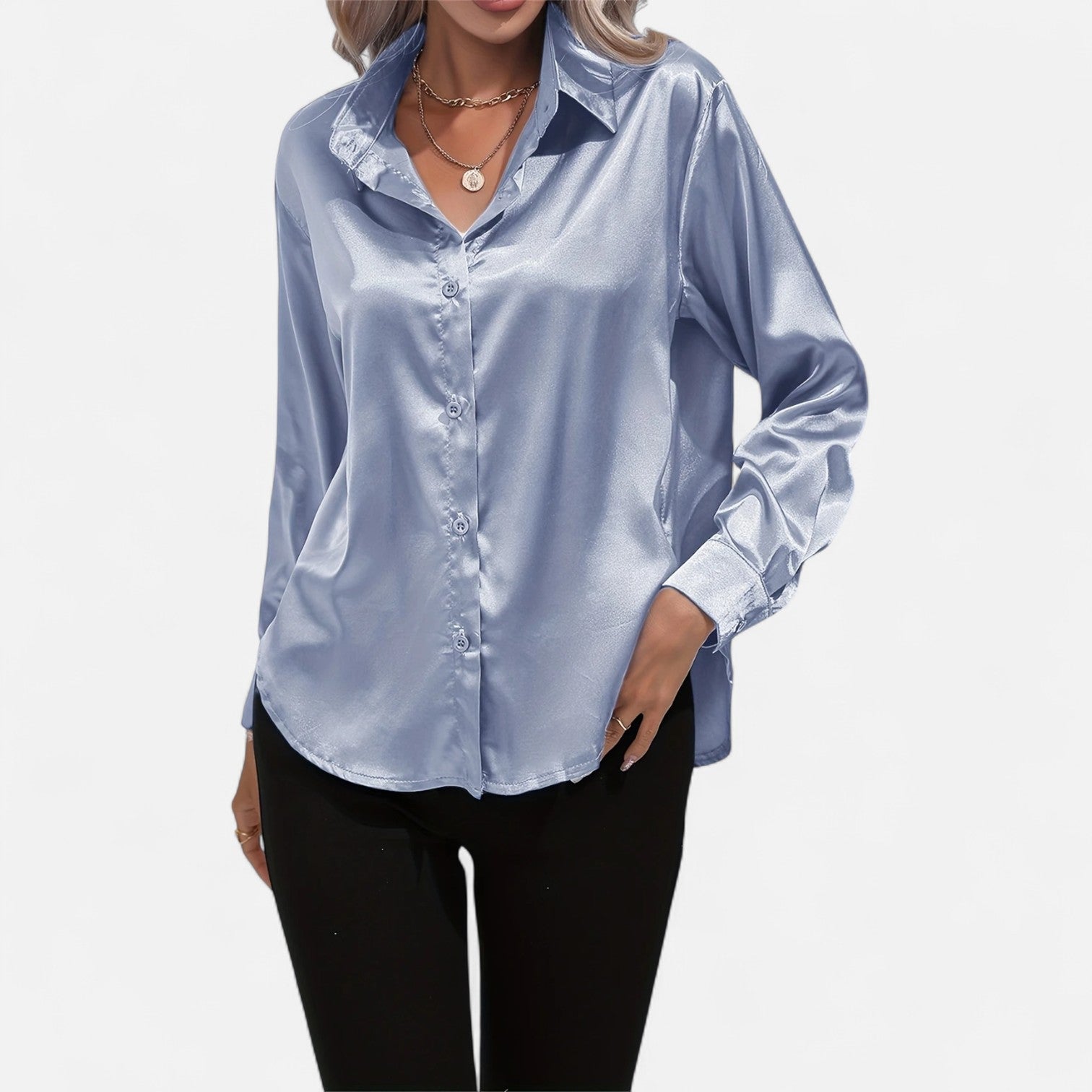 Chemisier boutonné en satin pour femme – Chemise classique à manches longues et revers