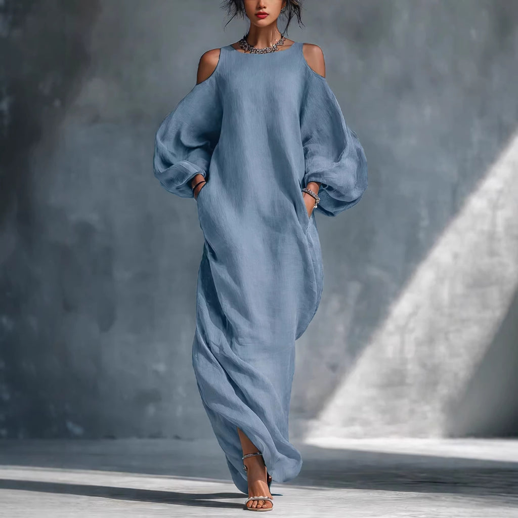 Robe midi épaules dénudées, manches longues et ourlet asymétrique
