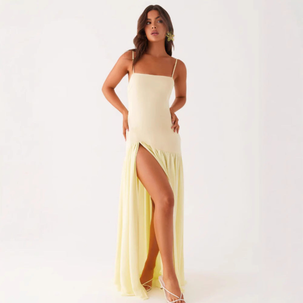 Robe portefeuille jaune sans manches à découpes