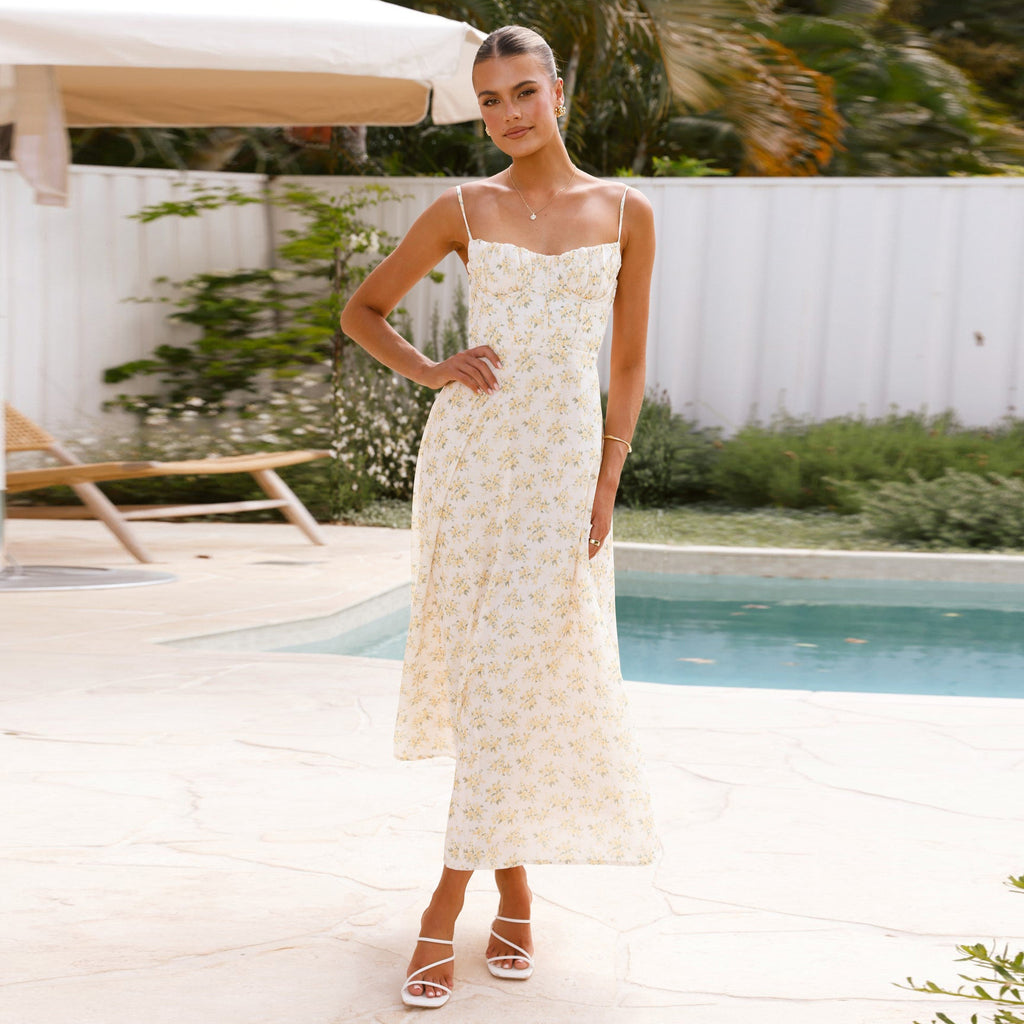Floral backless fluid dress — Resort elegance