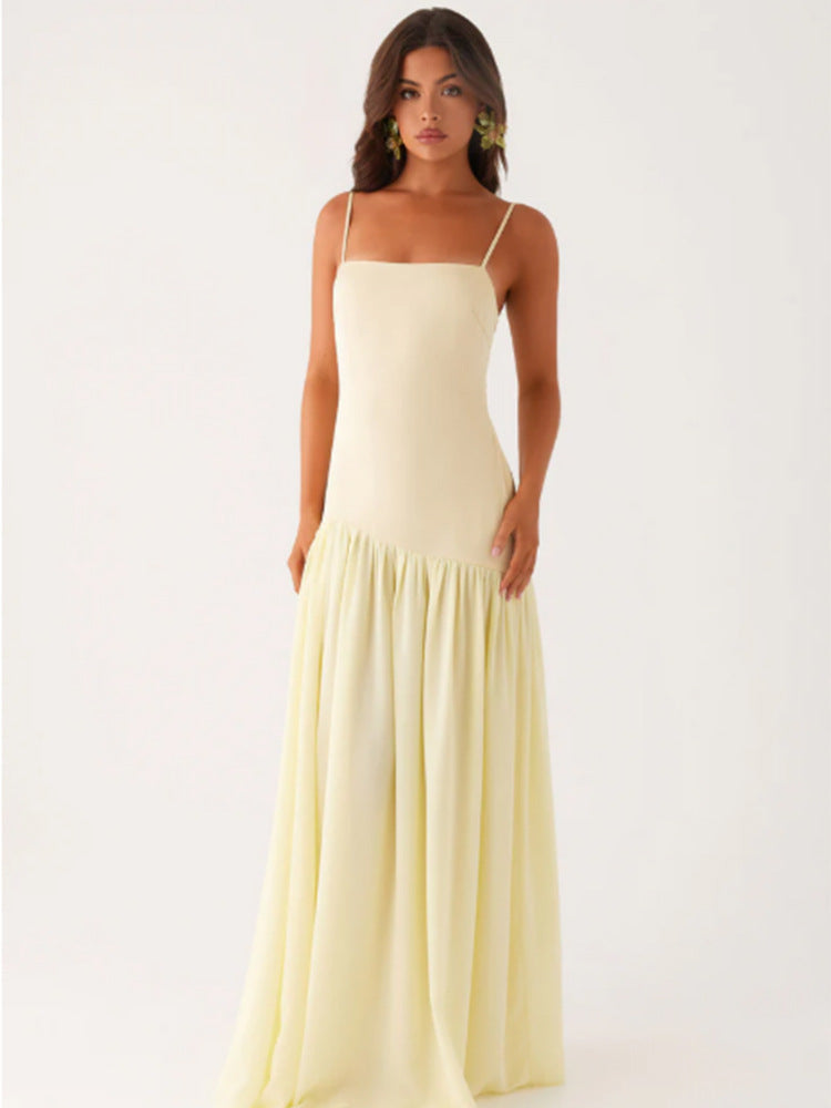 Robe portefeuille jaune sans manches à découpes