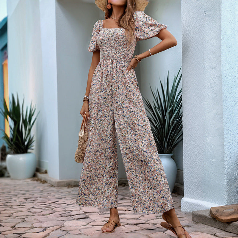 Floral Square Neck Puff Sleeve Jumpsuit