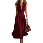 Robe longue épurée à col tailleur et patchwork