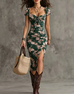 Vintage Puff Sleeve Slit Dress
