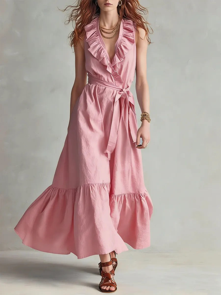 Robe patineuse col V sans manches à laçage